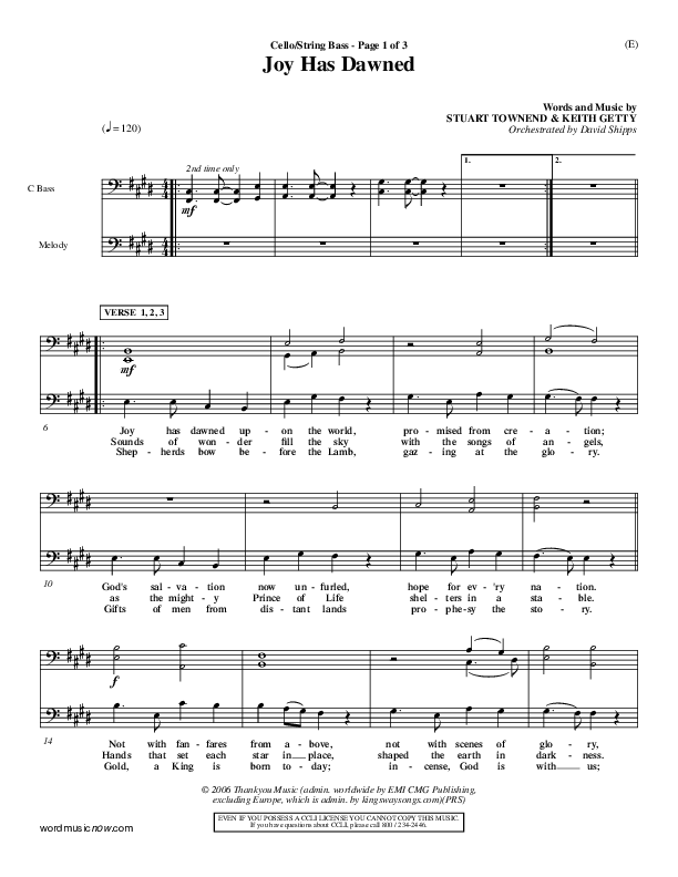 Joy Has Dawned Cello/Bass (Stuart Townend)