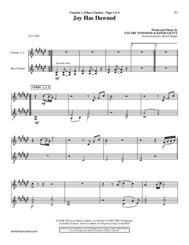 Joy Has Dawned Clarinet 1/2, Bass Clarinet (Stuart Townend)