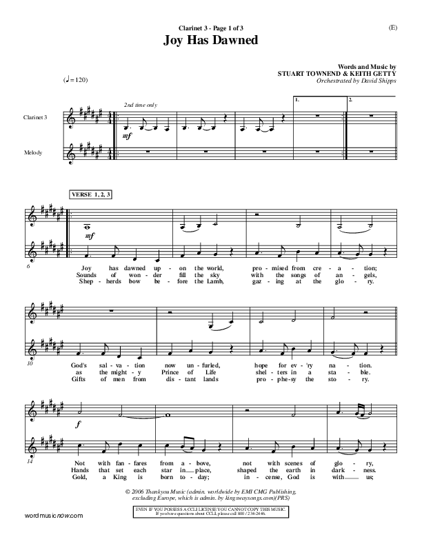 Joy Has Dawned Clarinet 3 (Stuart Townend)