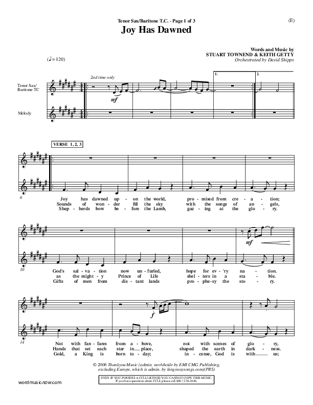 Joy Has Dawned Tenor Sax 2 (Stuart Townend)