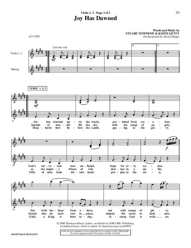 Joy Has Dawned Violin 1/2 (Stuart Townend)