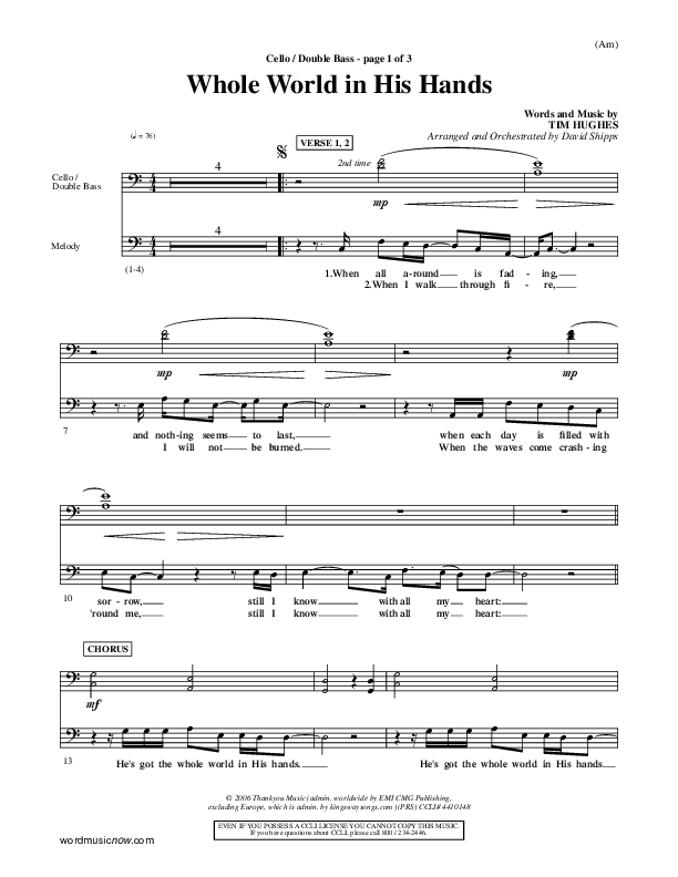 Whole World In His Hands Cello/Bass (Tim Hughes)
