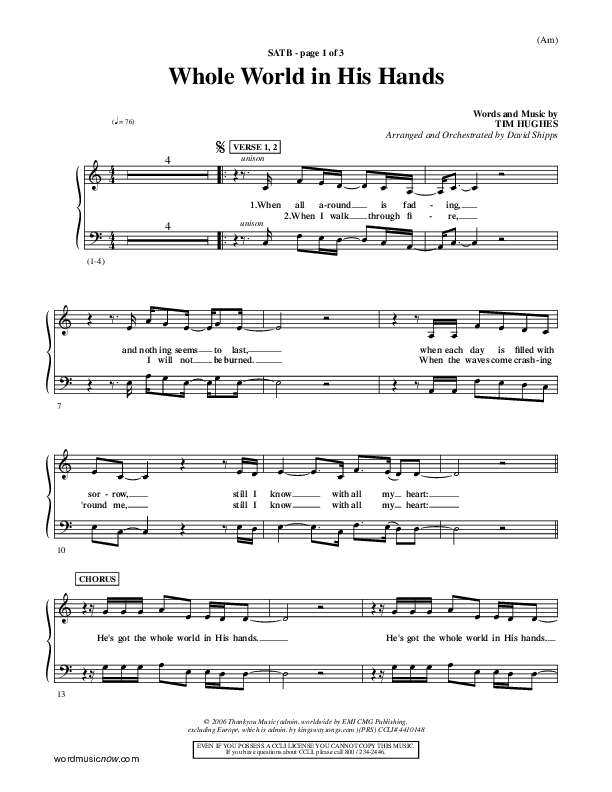 Whole World In His Hands Choir Sheet (SATB) (Tim Hughes)