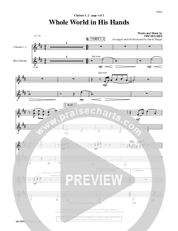 Whole World In His Hands Clarinet 1/2 (Tim Hughes)