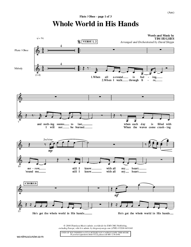 Whole World In His Hands Flute/Oboe (Tim Hughes)