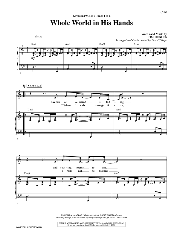 Whole World In His Hands Piano/Vocal (Tim Hughes)