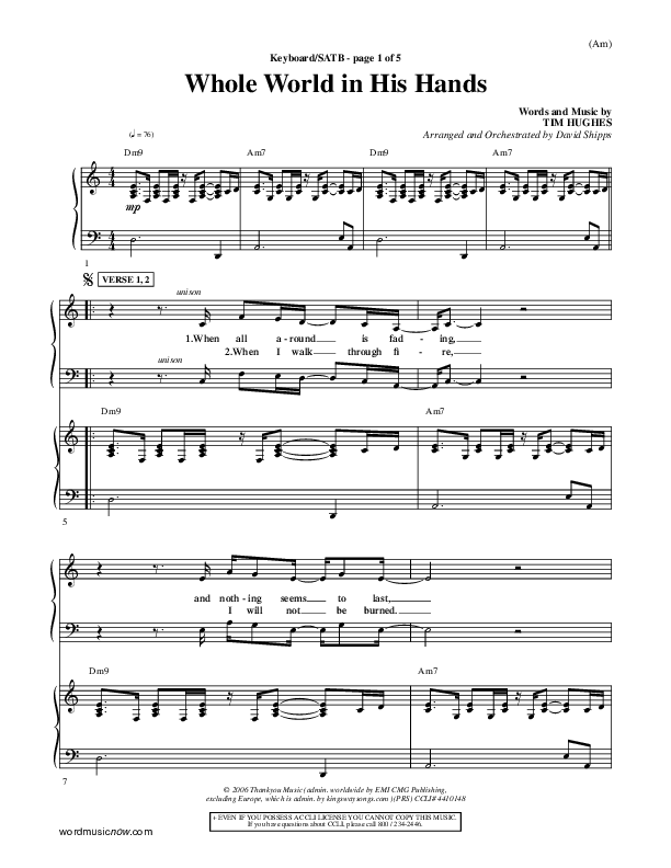Whole World In His Hands Piano/Vocal (SATB) (Tim Hughes)