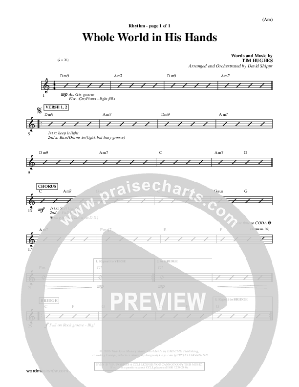 Whole World In His Hands Rhythm Chart (Tim Hughes)