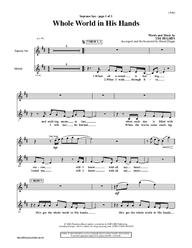 Whole World In His Hands Soprano Sax (Tim Hughes)
