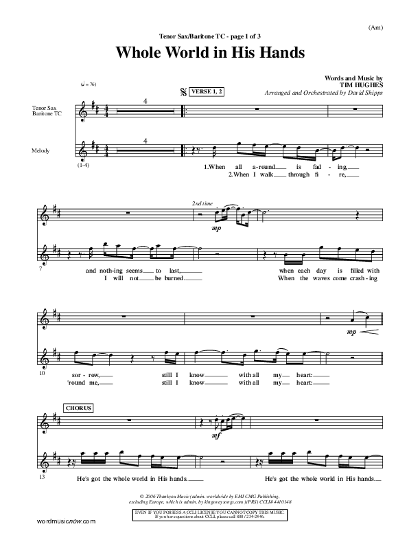 Whole World In His Hands Tenor Sax/Baritone T.C. (Tim Hughes)