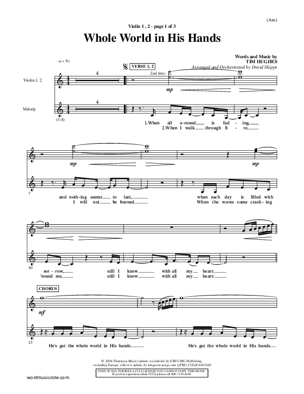 Whole World In His Hands Violin 1/2 (Tim Hughes)