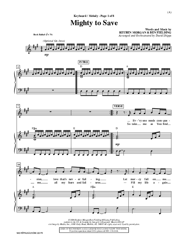 Mighty To Save Piano/Vocal (Reuben Morgan)