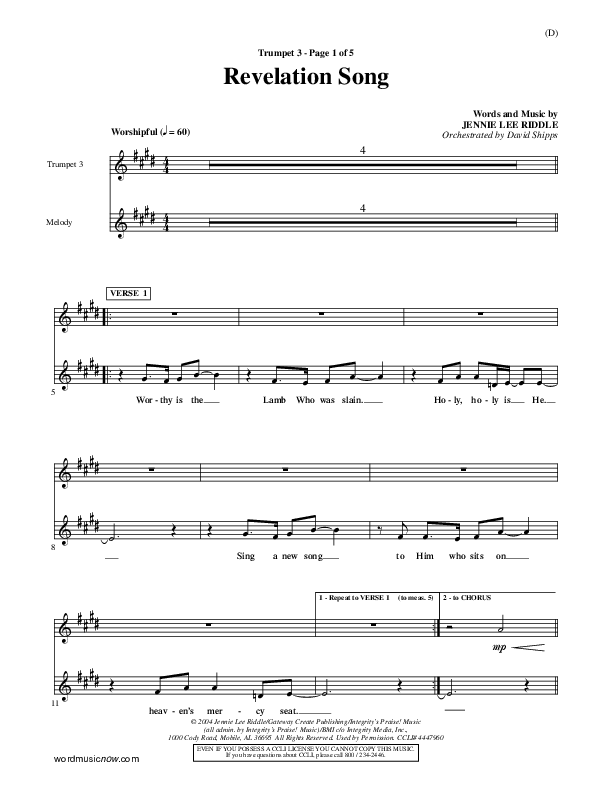 Kari Jobe Revelation Song - Bb Instrument Sheet Music (Trumpet
