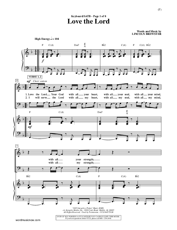 Love The Lord Piano/Vocal (SATB) (Lincoln Brewster)
