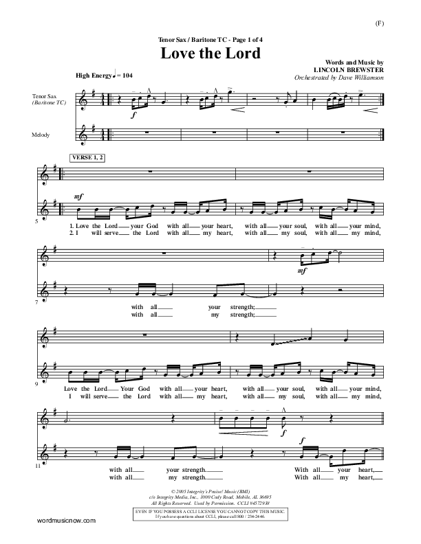 Love The Lord Tenor Sax/Baritone T.C. (Lincoln Brewster)