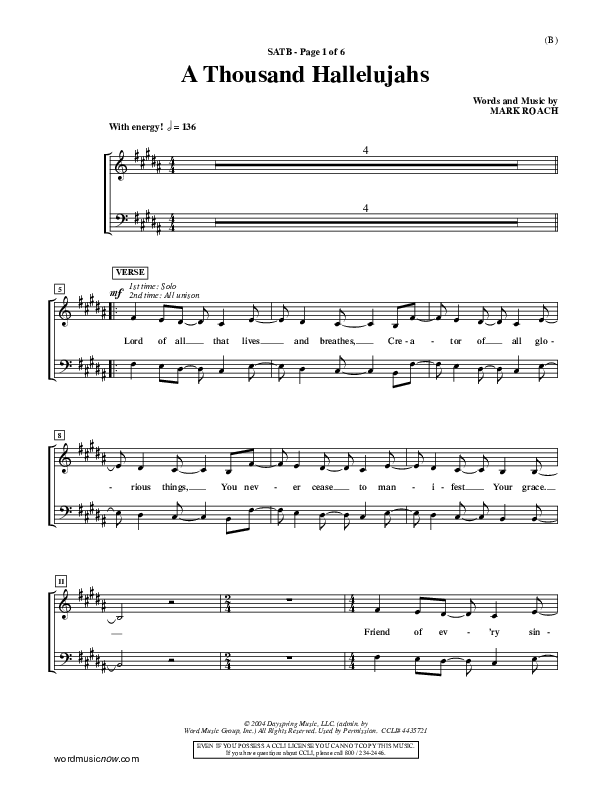A Thousand Hallelujahs Choir Sheet (SATB) (Mark Roach)