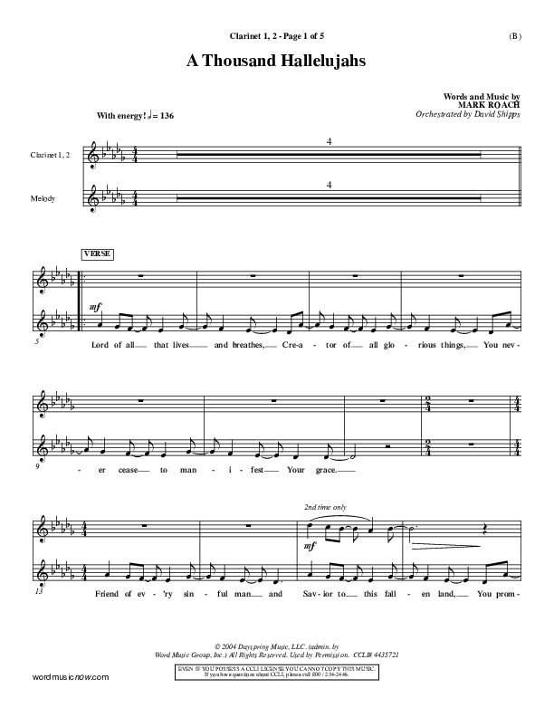 A Thousand Hallelujahs Clarinet 1/2 (Mark Roach)