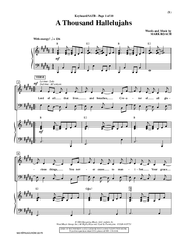A Thousand Hallelujahs Piano/Vocal (SATB) (Mark Roach)