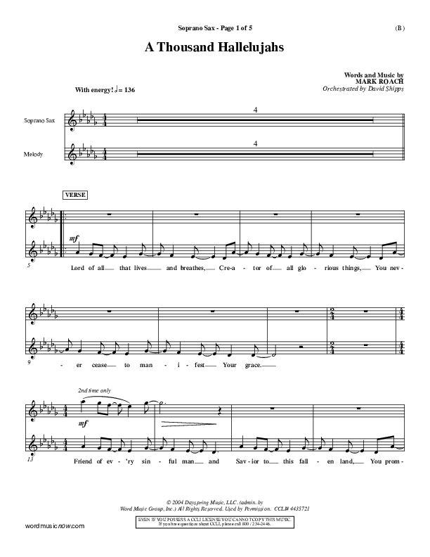 A Thousand Hallelujahs Soprano Sax (Mark Roach)