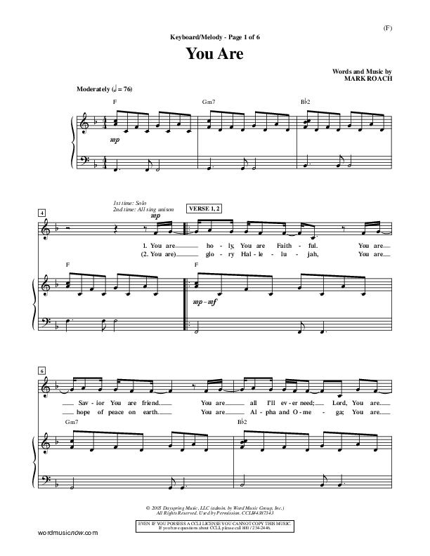 You Are Piano/Vocal (Mark Roach)