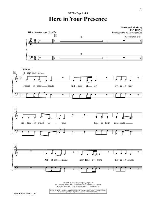 Here In Your Presence Choir Sheet (SATB) (Jon Egan)