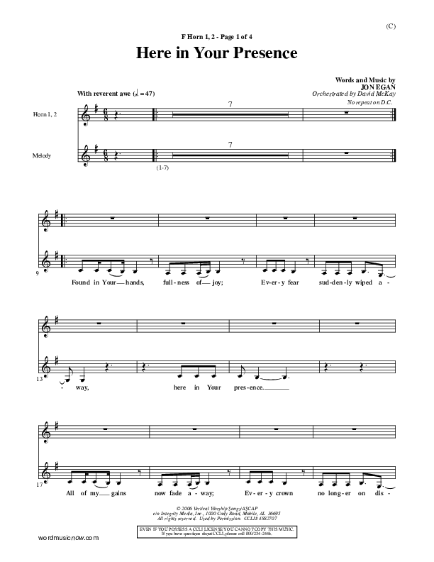 Here In Your Presence French Horn 1/2 (Jon Egan)