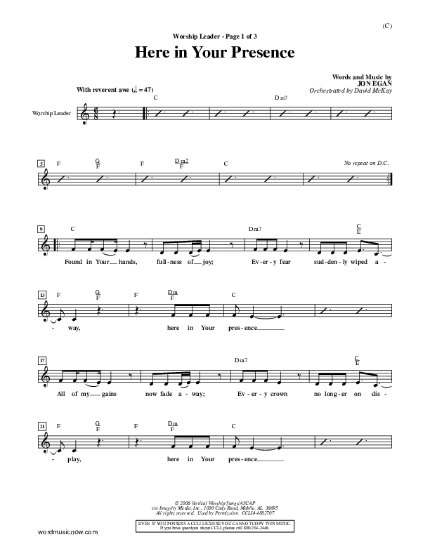 Here In Your Presence Lead Sheet (Jon Egan)