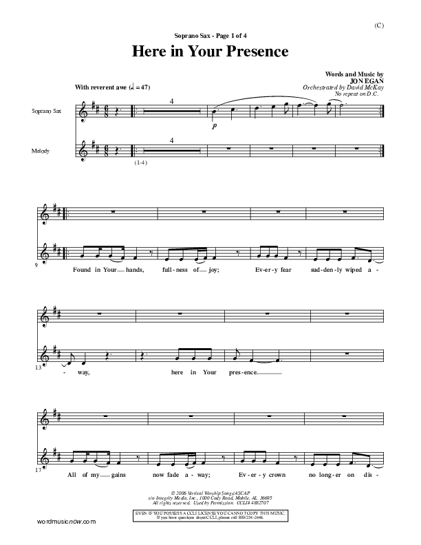 Here In Your Presence Soprano Sax (Jon Egan)