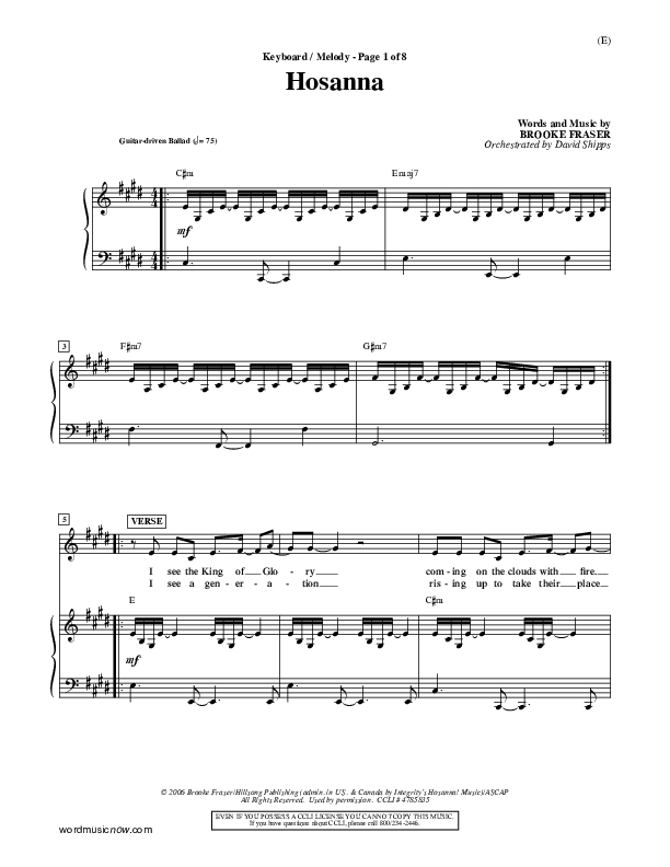 Hosanna Piano/Vocal (Brooke Fraser)