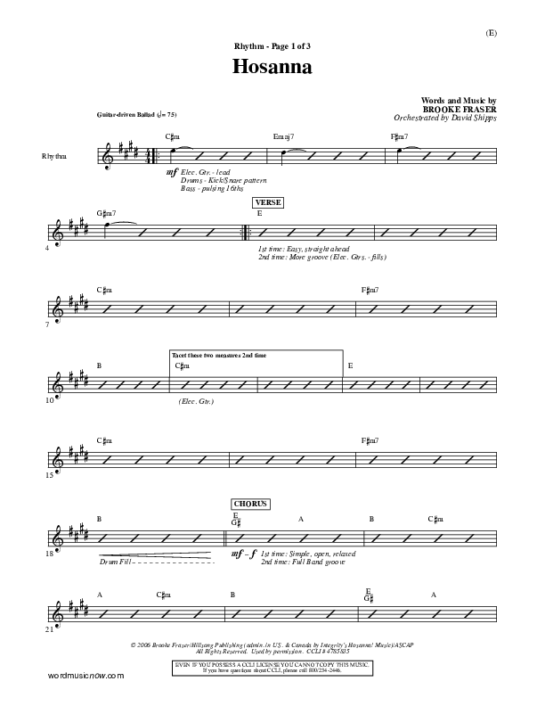 Hosanna Rhythm Chart (Brooke Fraser)
