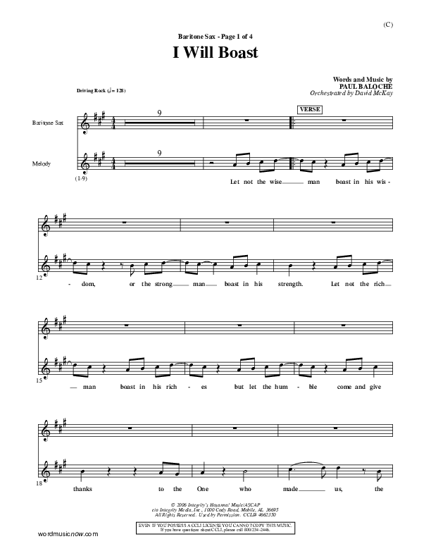 I Will Boast Bari Sax (Paul Baloche)