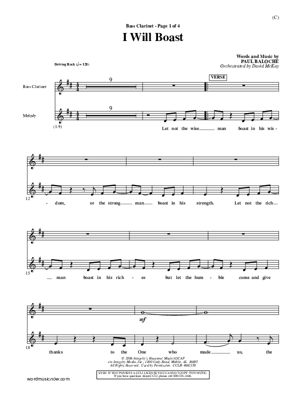 I Will Boast Bass Clarinet (Paul Baloche)