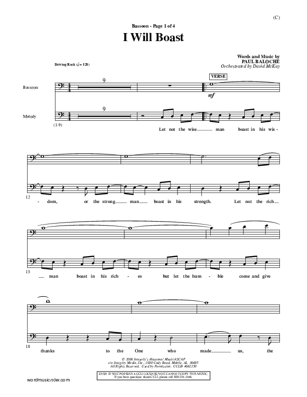 I Will Boast Bassoon (Paul Baloche)