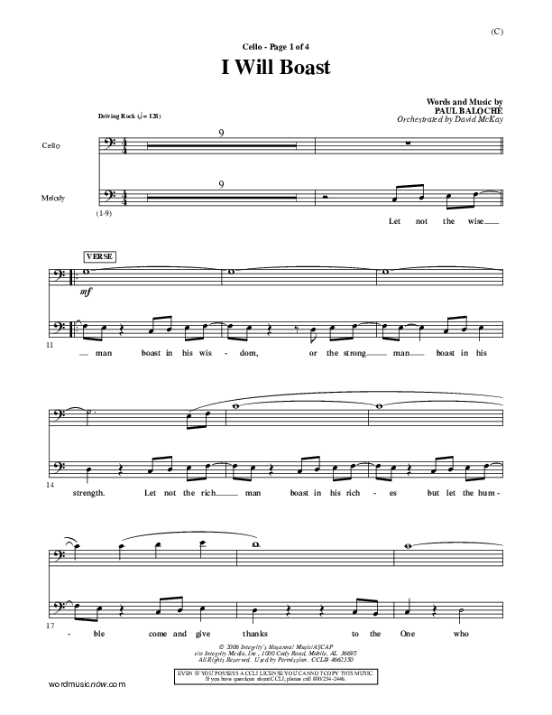 I Will Boast Cello (Paul Baloche)