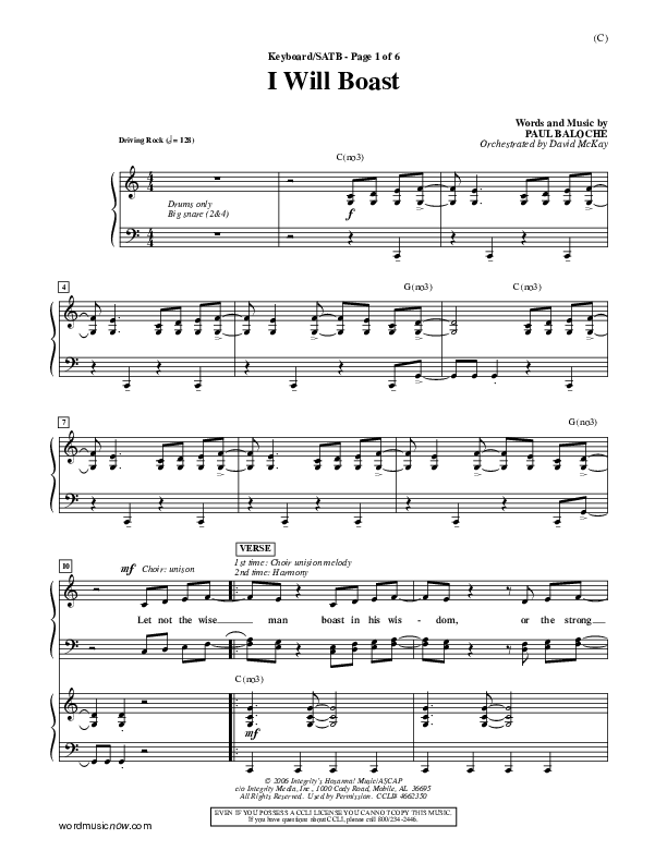 I Will Boast Piano/Vocal (SATB) (Paul Baloche)