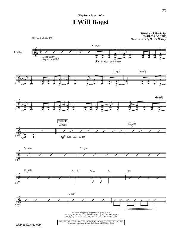 I Will Boast Rhythm Chart (Paul Baloche)