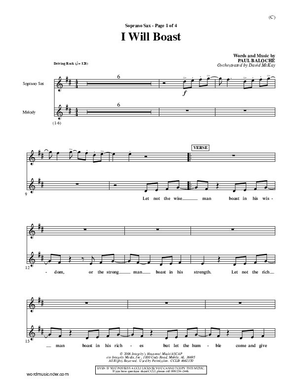 I Will Boast Soprano Sax (Paul Baloche)