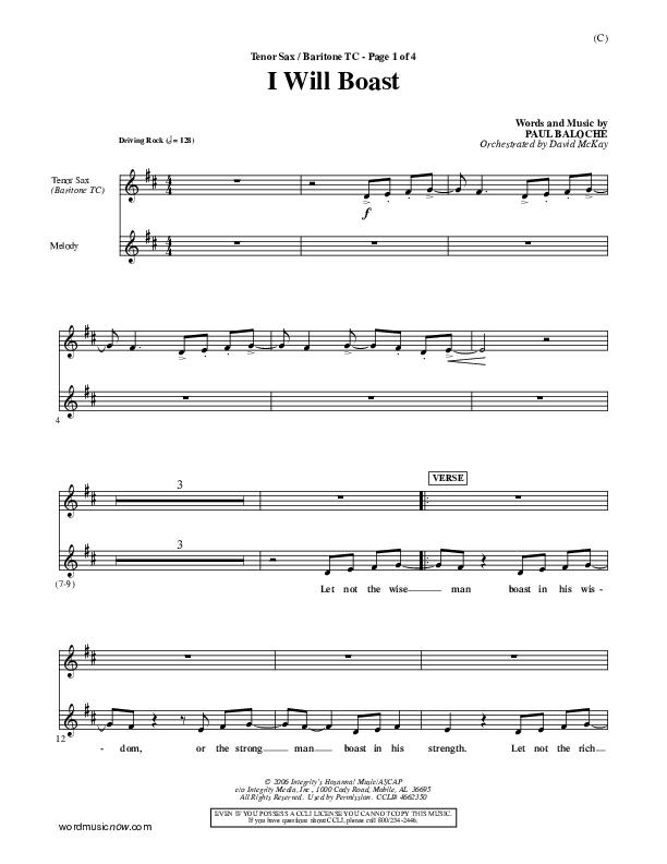 I Will Boast Tenor Sax/Baritone T.C. (Paul Baloche)