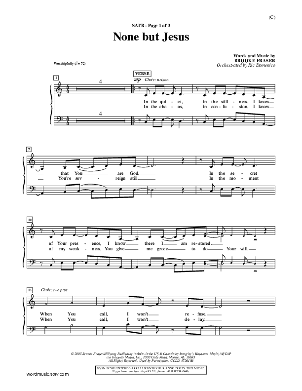 None But Jesus Choir Sheet (SATB) (Brooke Fraser)
