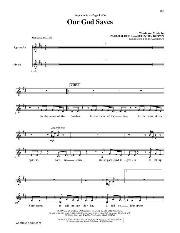 Our God Saves Soprano Sax (Paul Baloche)