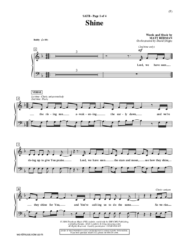 Shine Choir Sheet (SATB) (Matt Redman)