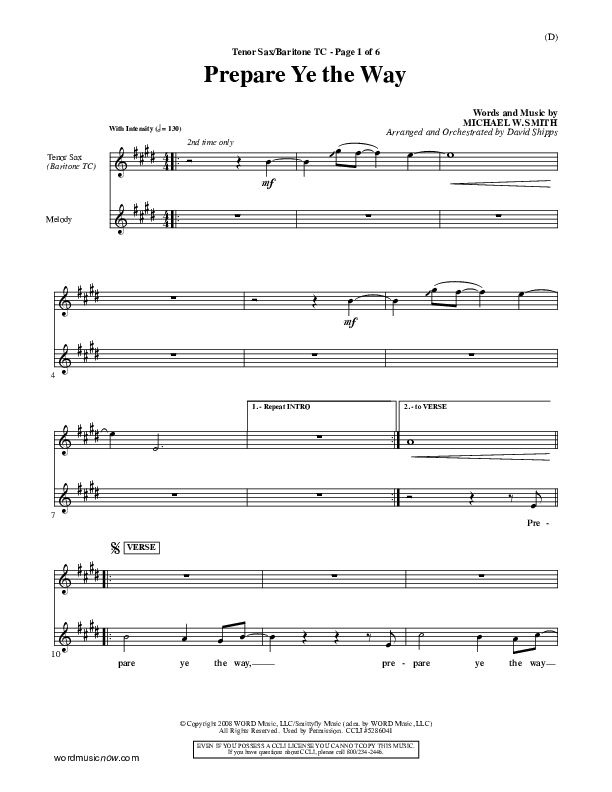 Prepare Ye The Way Tenor Sax/Baritone T.C. (Michael W. Smith)