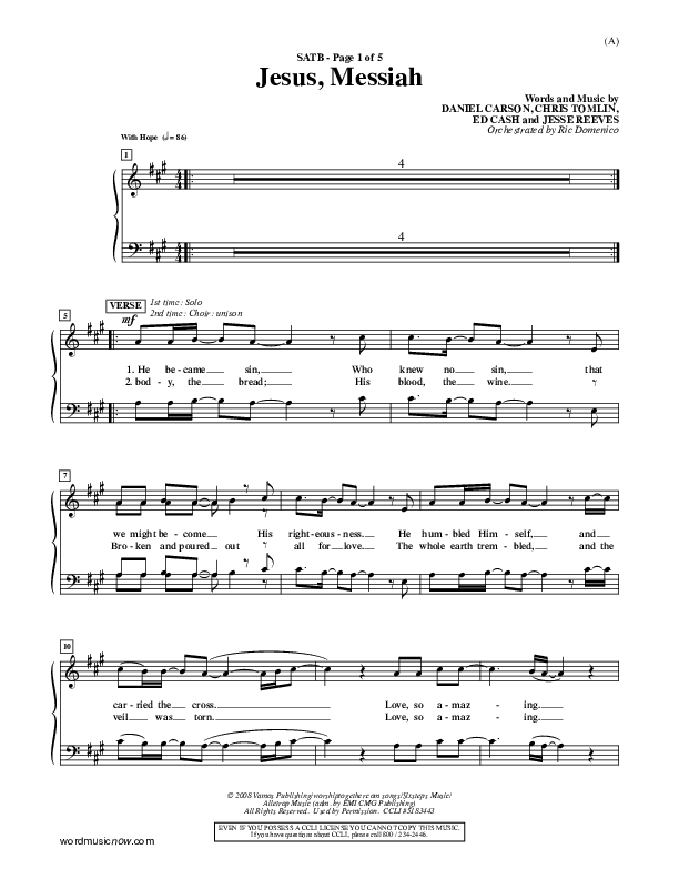 Jesus Messiah Choir Sheet (SATB) (Chris Tomlin)