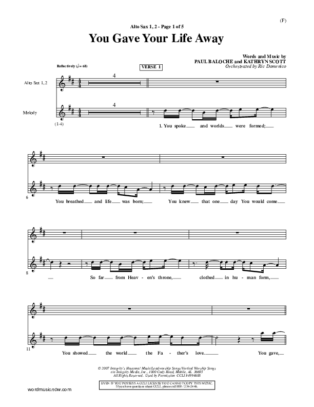 You Gave Your Life Away Alto Sax 1/2 (Kathryn Scott)