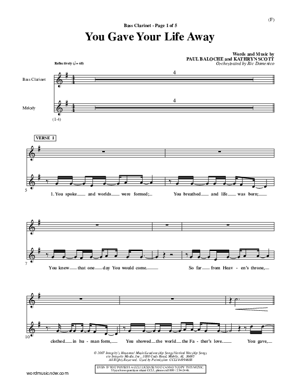 You Gave Your Life Away Bass Clarinet (Kathryn Scott)