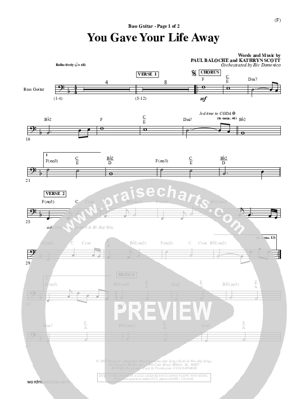 You Gave Your Life Away Bass Guitar (Kathryn Scott)