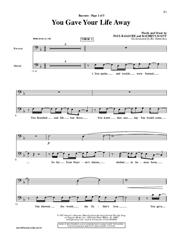 You Gave Your Life Away Bassoon (Kathryn Scott)