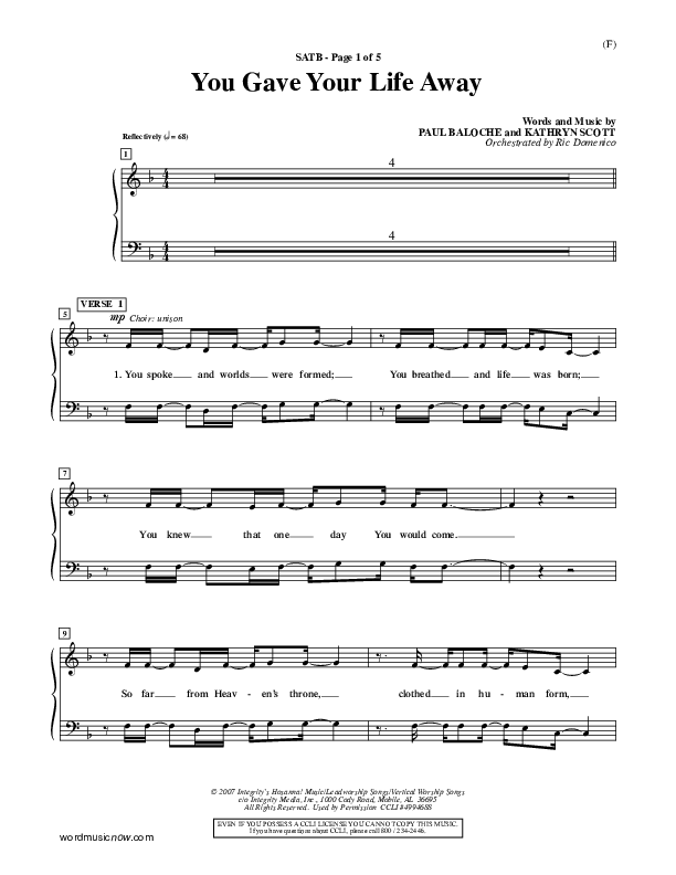 You Gave Your Life Away Choir Sheet (SATB) (Kathryn Scott)