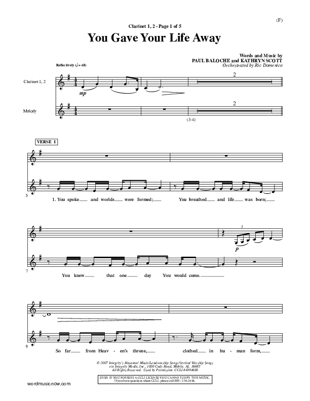 You Gave Your Life Away Clarinet 1/2 (Kathryn Scott)