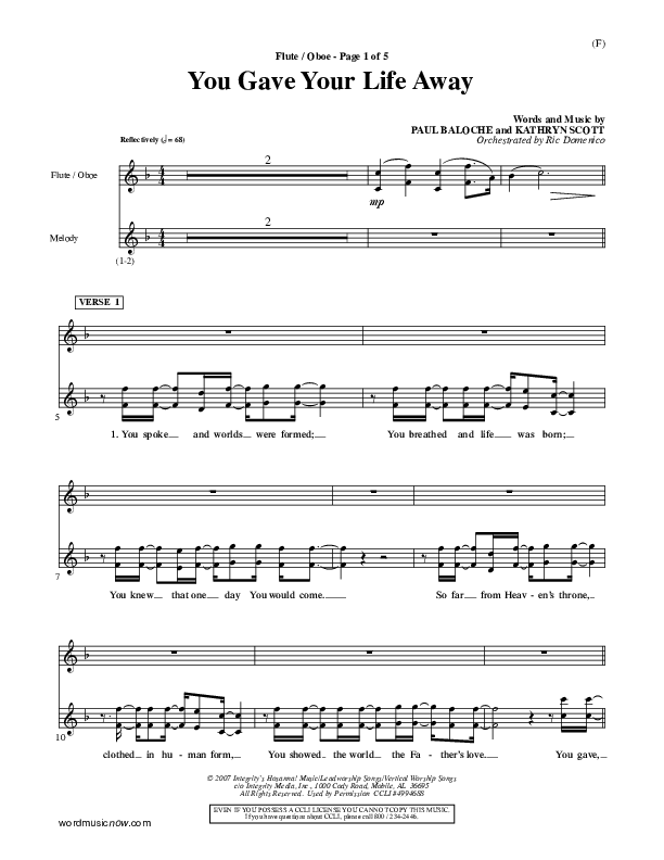 You Gave Your Life Away Flute/Oboe (Kathryn Scott)